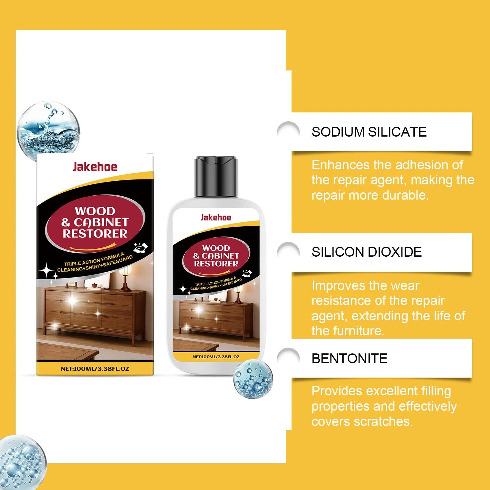 Wooden furniture scratch care solution with 100ml bottle and 20x20cm microfiber towel