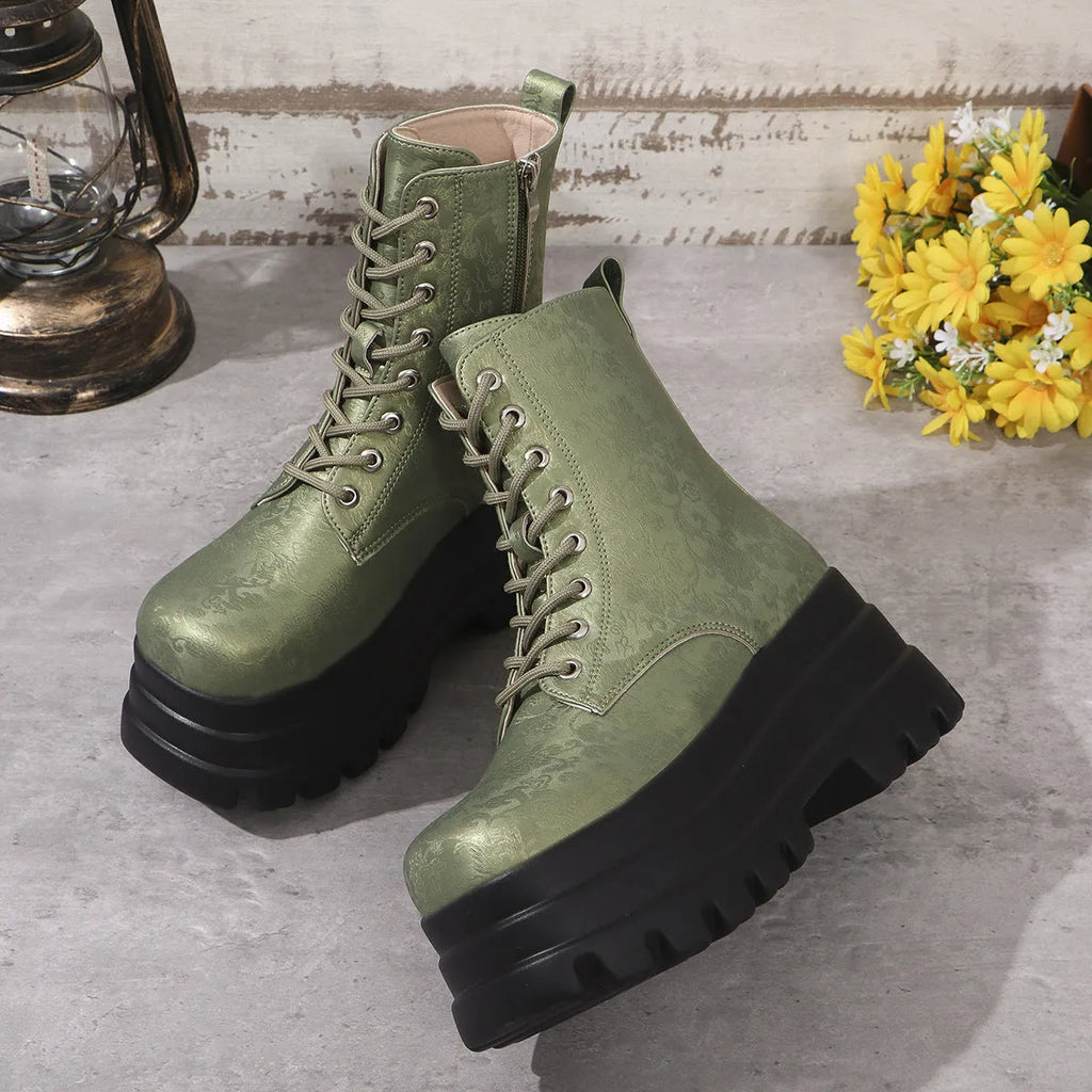 Women's black retro platform Martin boots with chunky heel and side zipper detail.