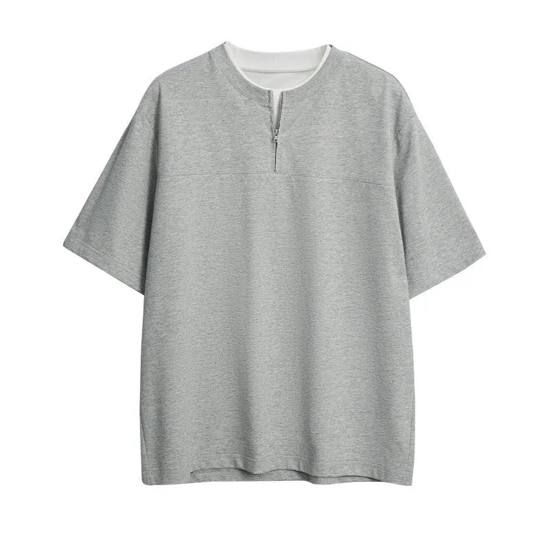 Women's loose patchwork stitch cotton blend top in solid colours with false zip detail.