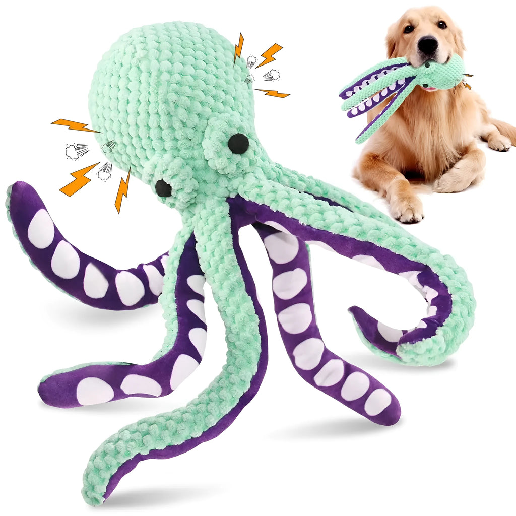 Blue plush squeaky dog toy with six long legs and cartoon design.
