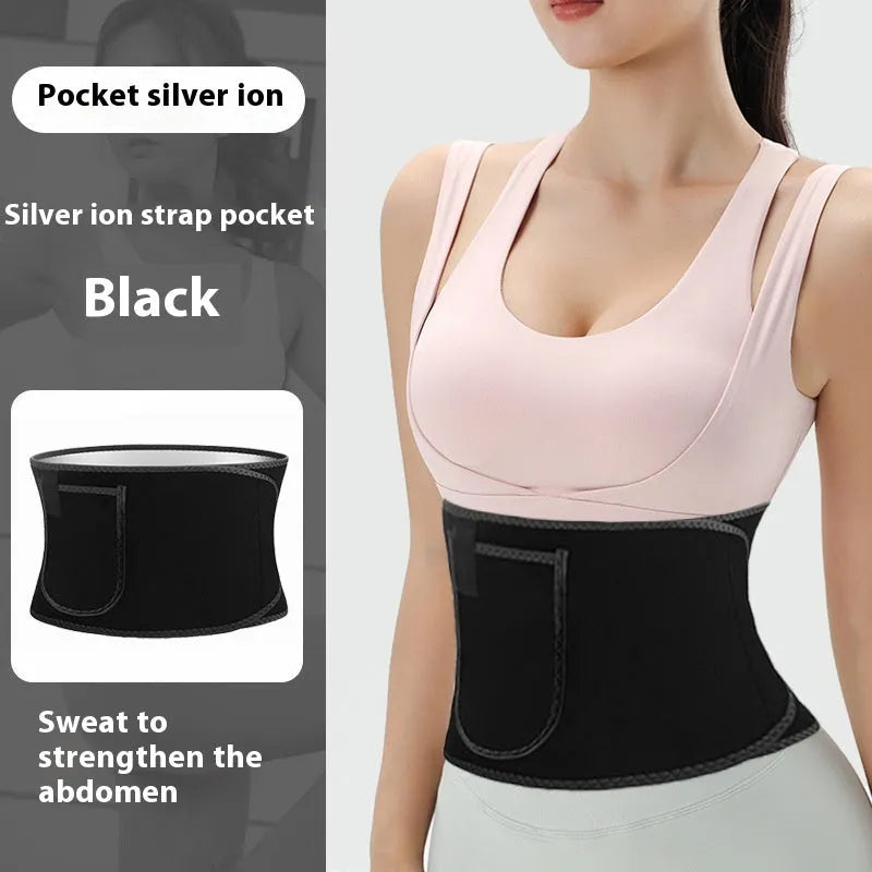 Rubber sweat waistband for fitness in black, with waist support and belly contracting design