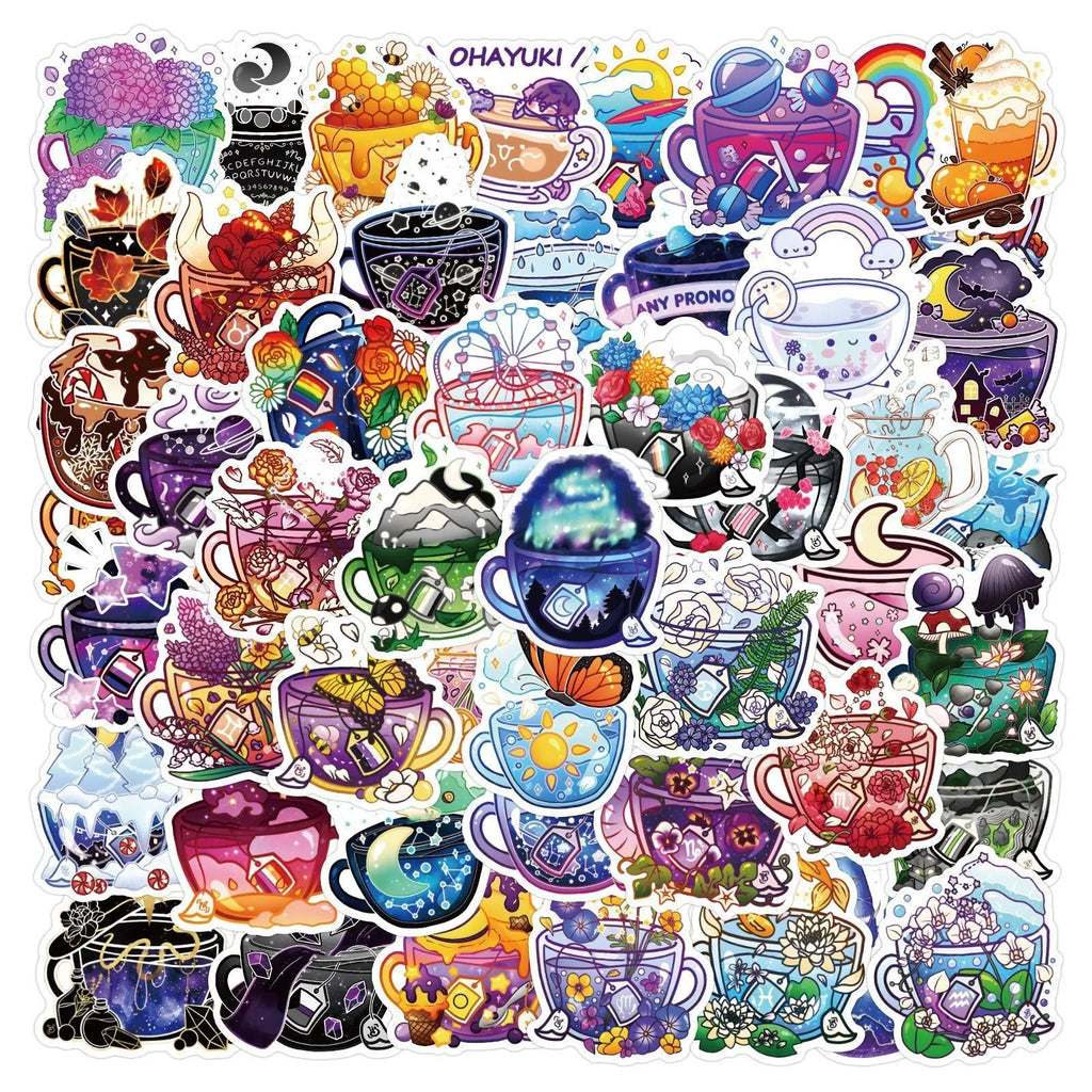 Colourful tea cup graffiti design waterproof stickers, 50-piece pack for DIY personalisation.
