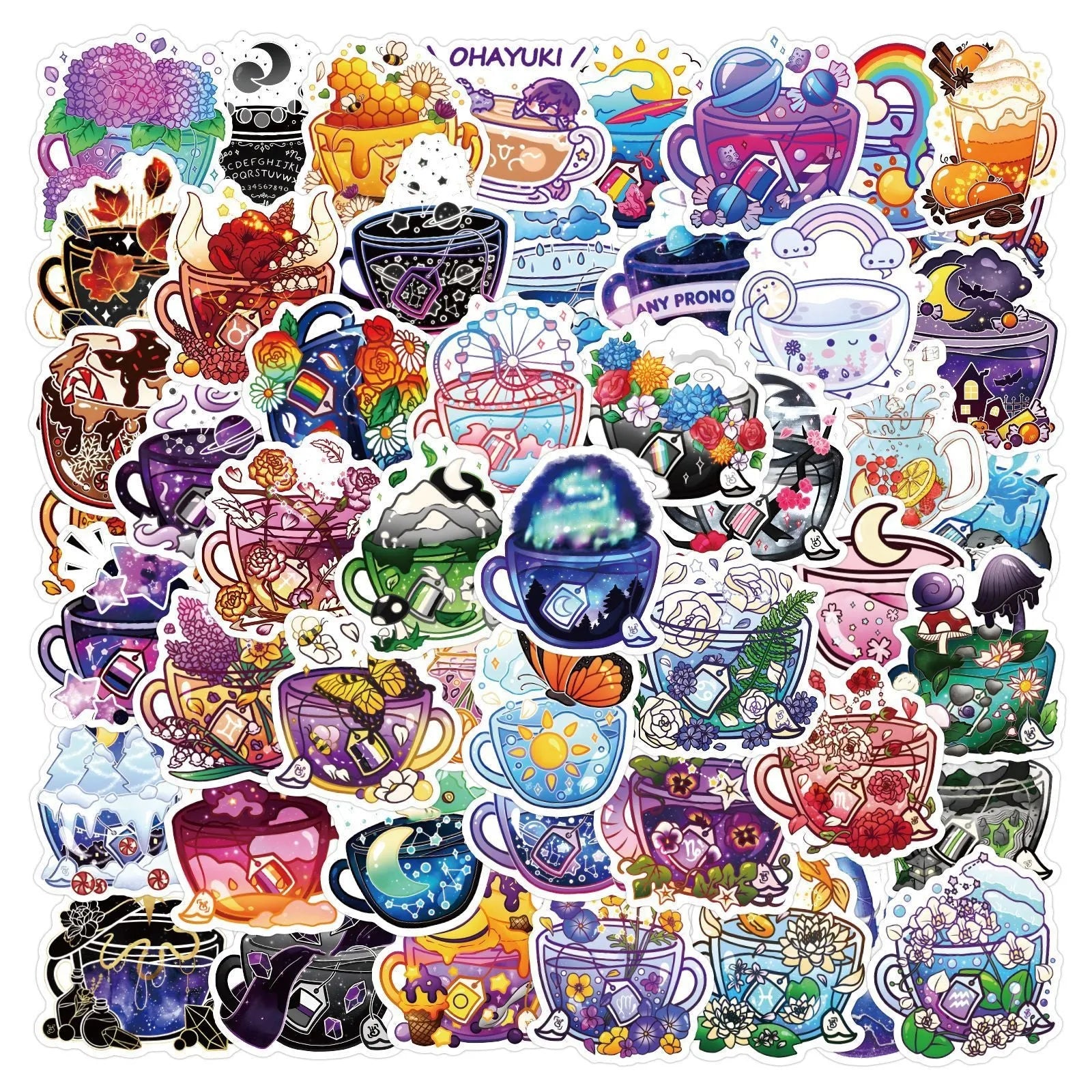 Colourful tea cup graffiti design waterproof stickers, 50-piece pack for DIY personalisation.