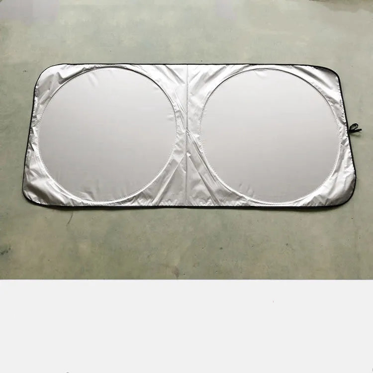 Silver tape car sunshade unfolded showing 190x90cm dimensions with cloth storage bag