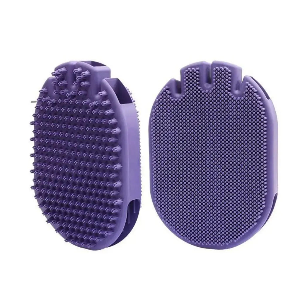 Purple TPR pet shampoo massage brush with dual-sided bristles for dog and cat grooming