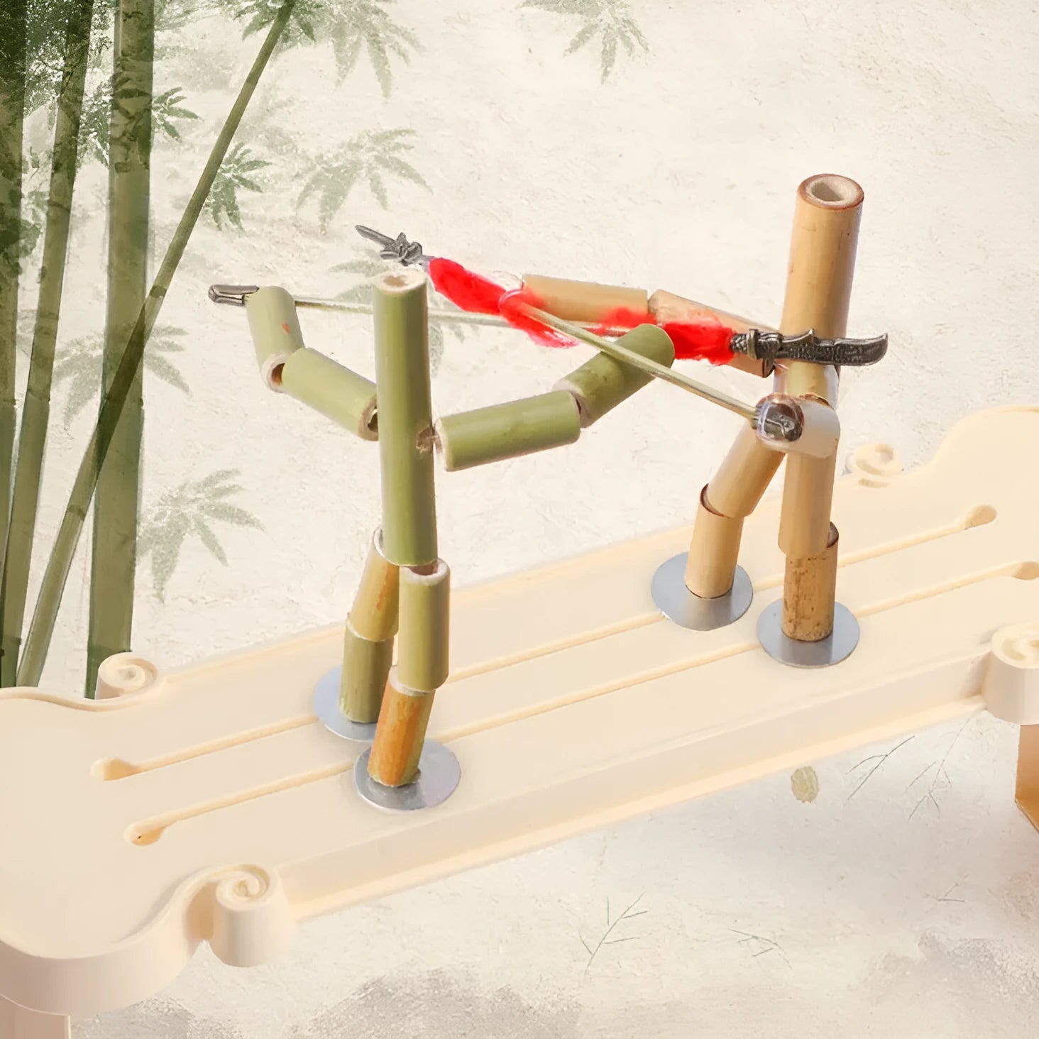 Bamboo Man children's wooden fighting game table set with two Bamboo Man figures and iron weapons in gift box