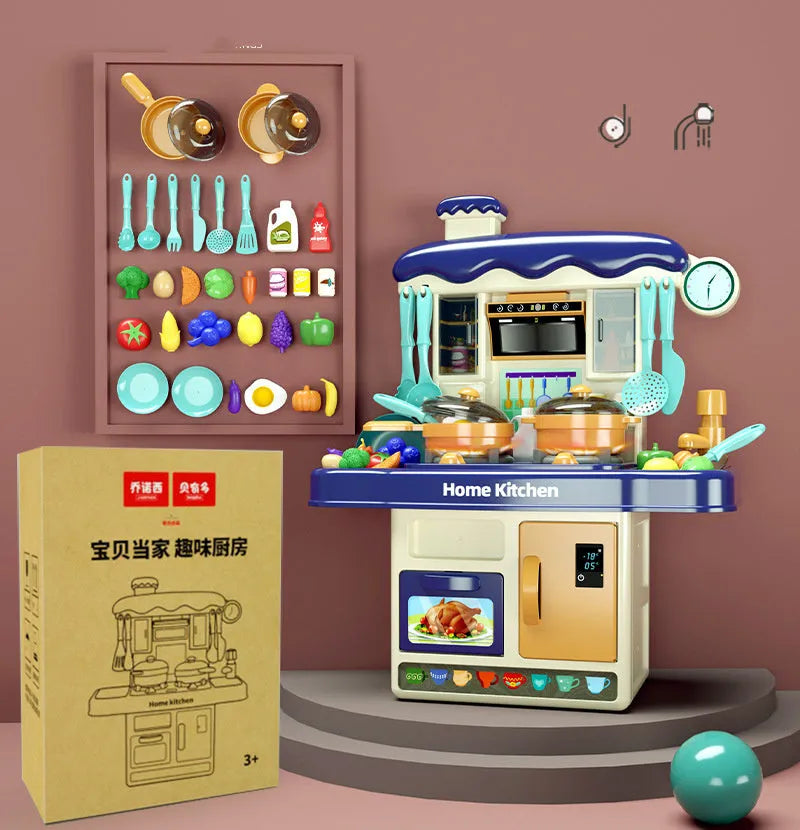 Plastic simulation kitchen play set with water spray, 31 pieces, 43cm height, pink colour