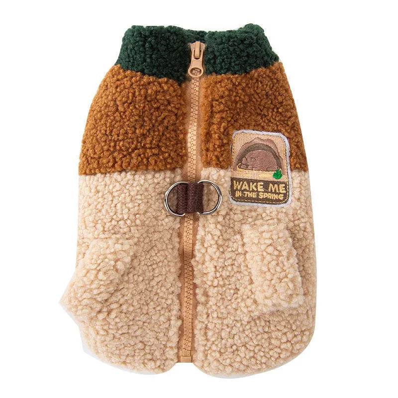 Color-block pet fleece jacket in green brown beige with squirrel patch leash ring and pockets