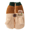 Color-block pet fleece jacket in green brown beige with squirrel patch leash ring and pockets