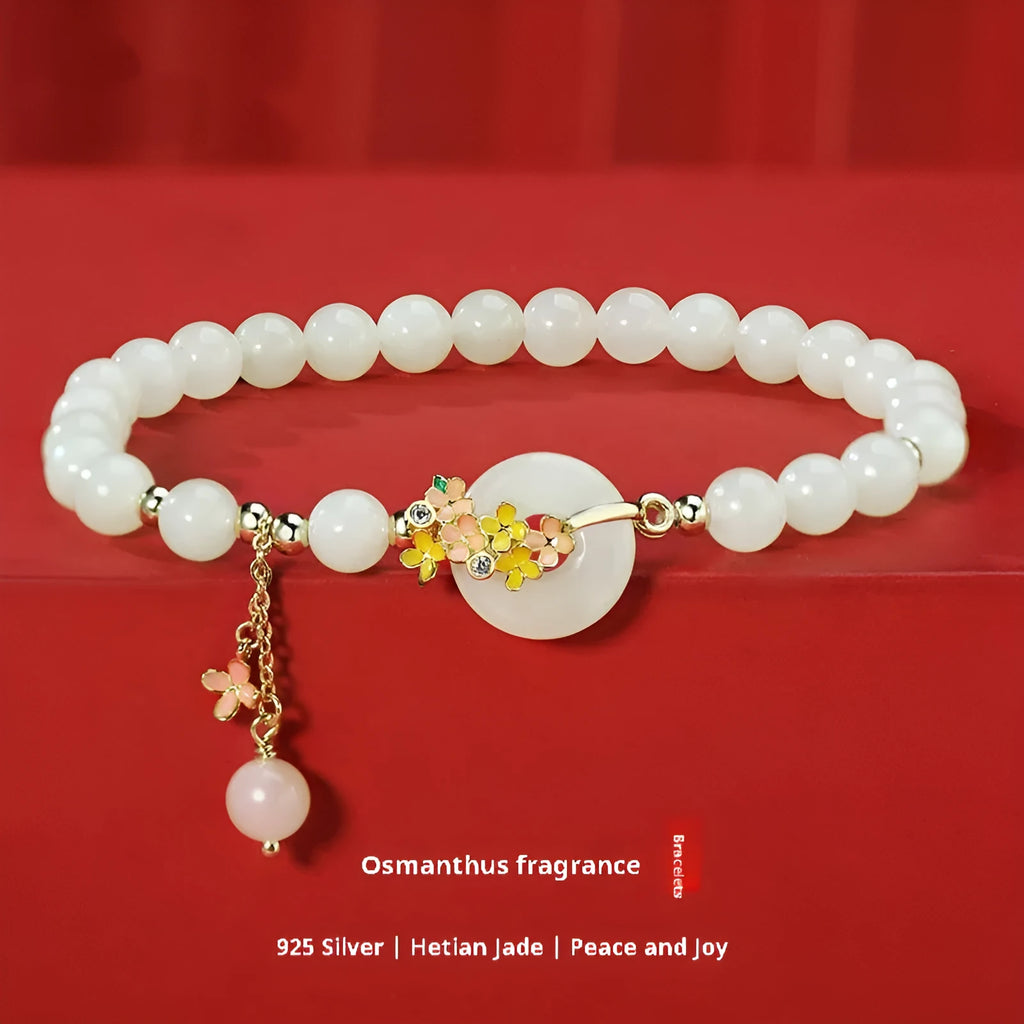 S925 sterling silver bracelet with 6mm natural Hetian jade stones and Osmanthus peace buckle design