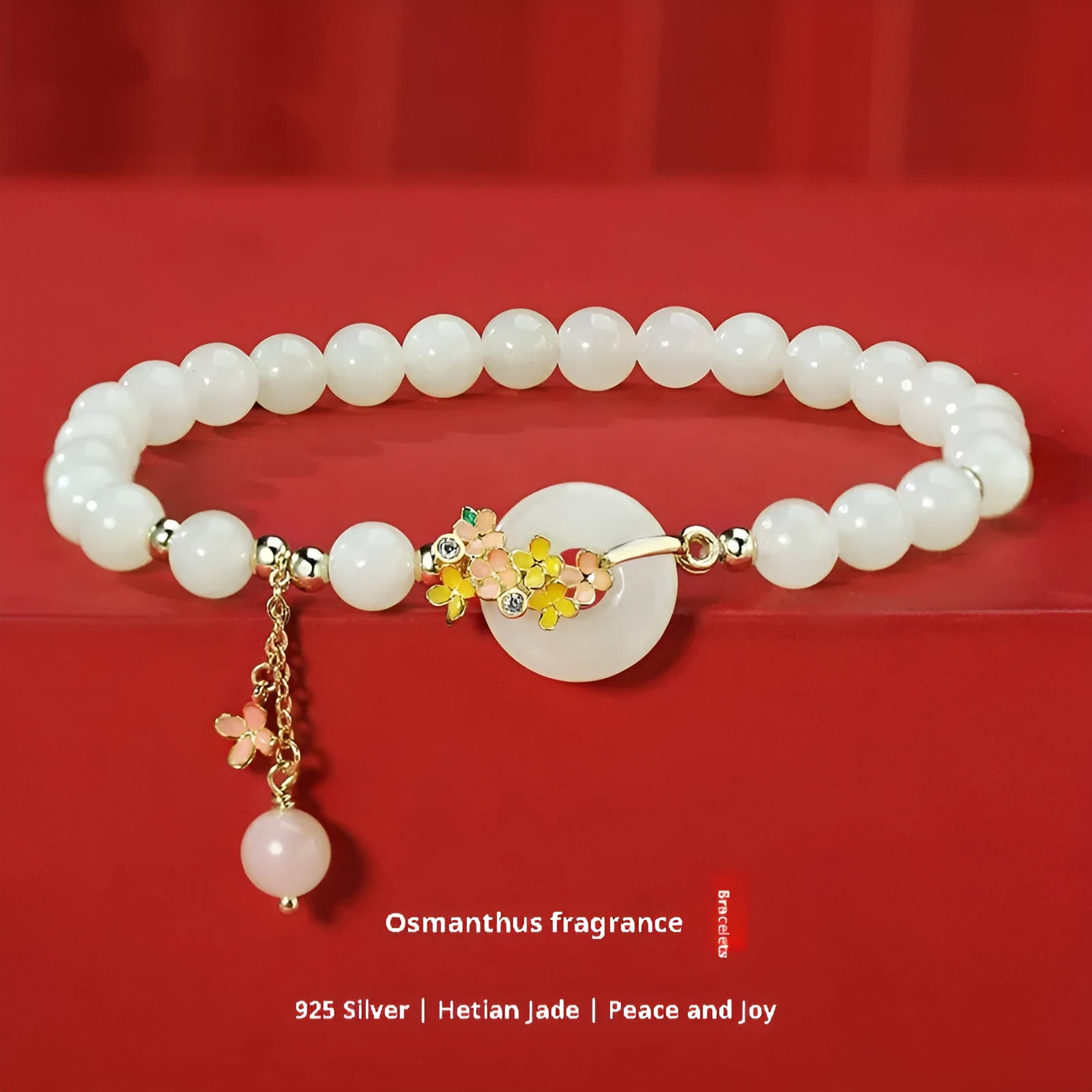S925 sterling silver bracelet with 6mm natural Hetian jade stones and Osmanthus peace buckle design