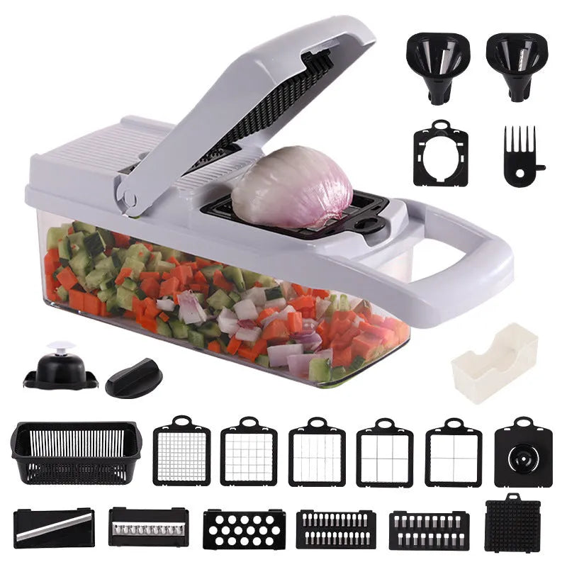 Multipurpose plastic vegetable cutter with 7 blades, drain basket, and hand guard in black colour