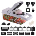 Multipurpose plastic vegetable cutter with 7 blades, drain basket, and hand guard in black colour