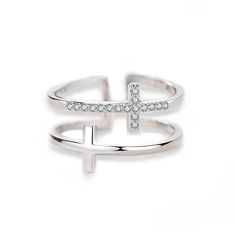 Women's adjustable double cross geometric copper ring with zircon stone in sterling silver setting
