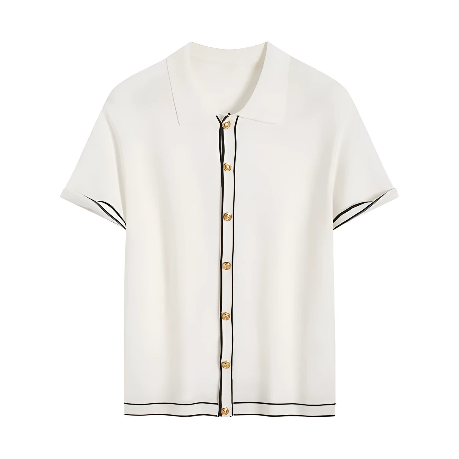 White short sleeve cardigan with dark contrast lapels laid flat.