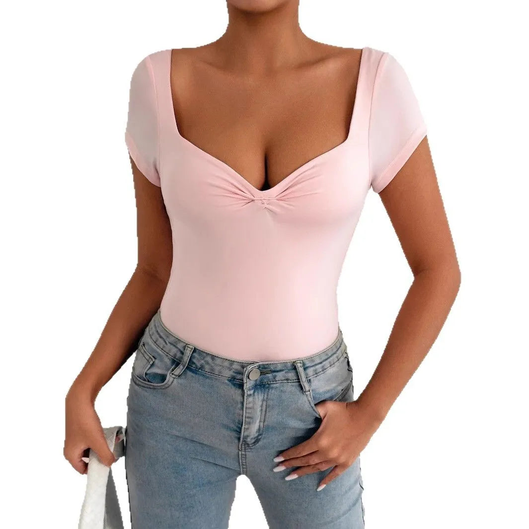 Light pink V-neck short sleeve bodysuit, slim fit, 65cm mid-length, pullover style, women's commuting jumpsuit.