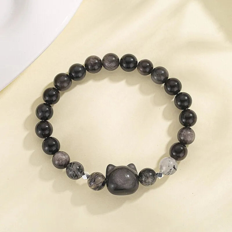 Obsidian cat couple bracelet with electroplated silver finish in silver stone or white agate colour options