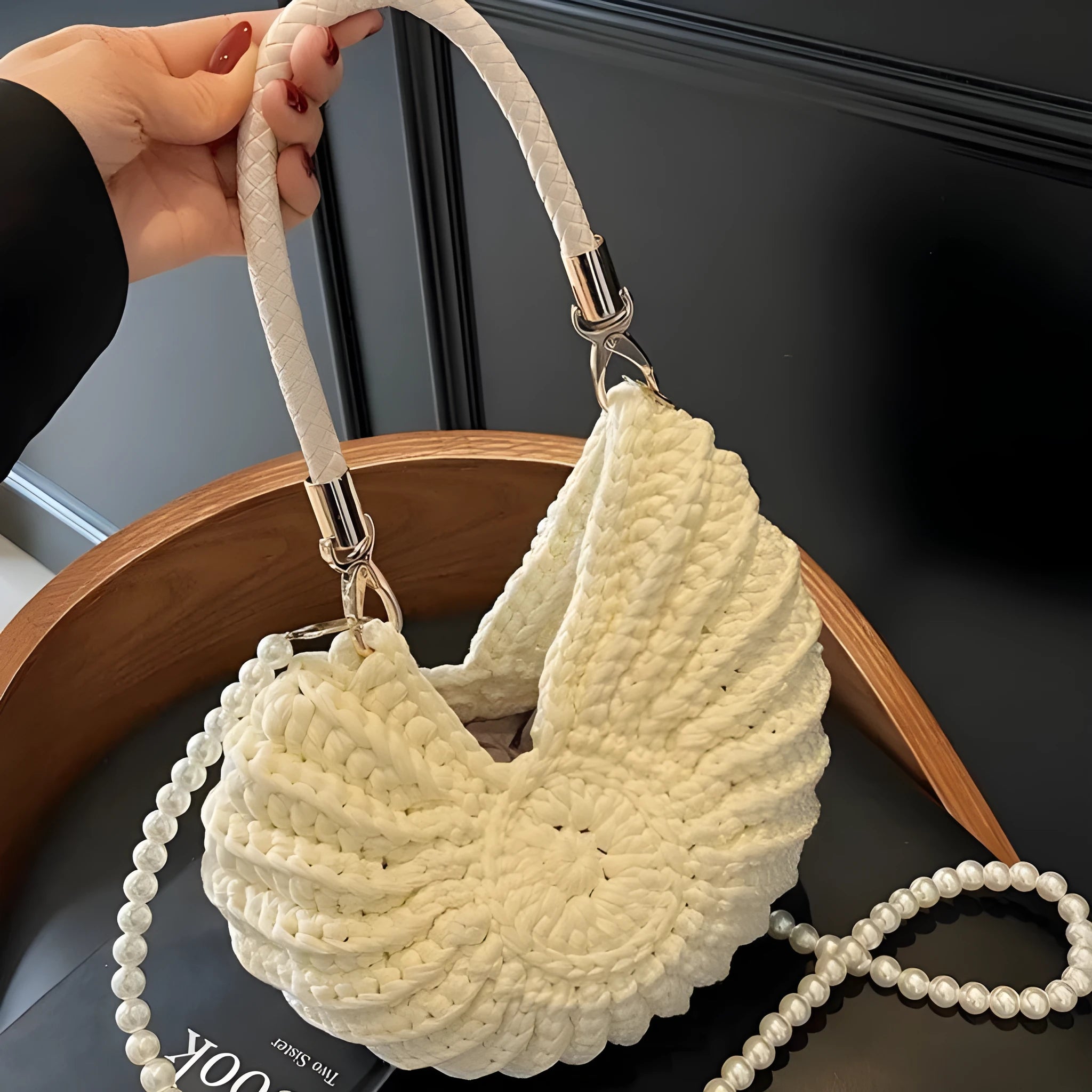 Women's handmade woven cloth bag with double straps and phone compartment in European American retro style
