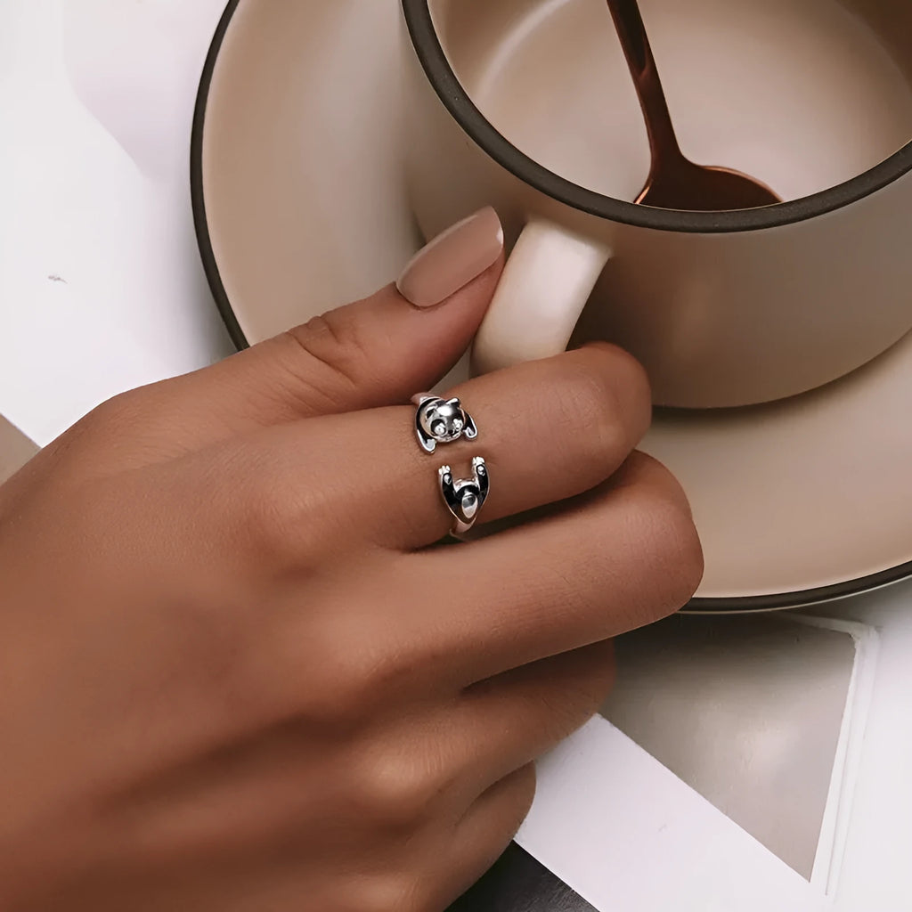 Adjustable opening sterling silver ring bracelet with cute panda design and white gold plating