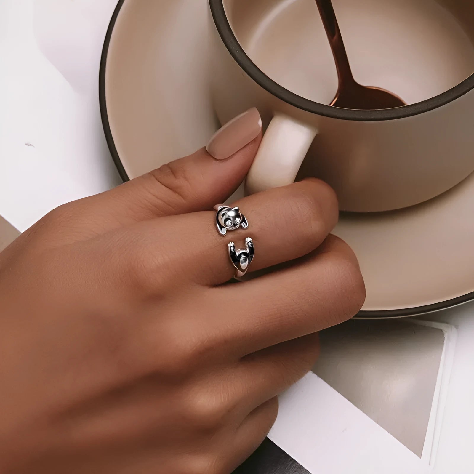 Adjustable opening sterling silver ring bracelet with cute panda design and white gold plating