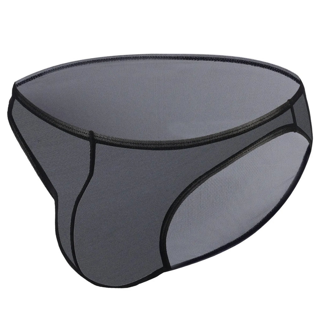 Men's black ice silk nylon briefs with low waist and quick-dry function laid flat.