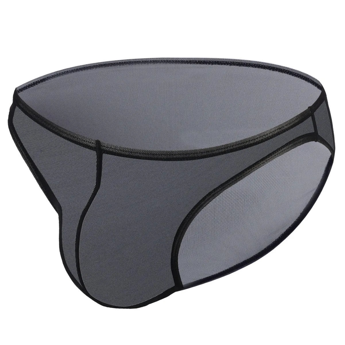 Men's black ice silk nylon briefs with low waist and quick-dry function laid flat.