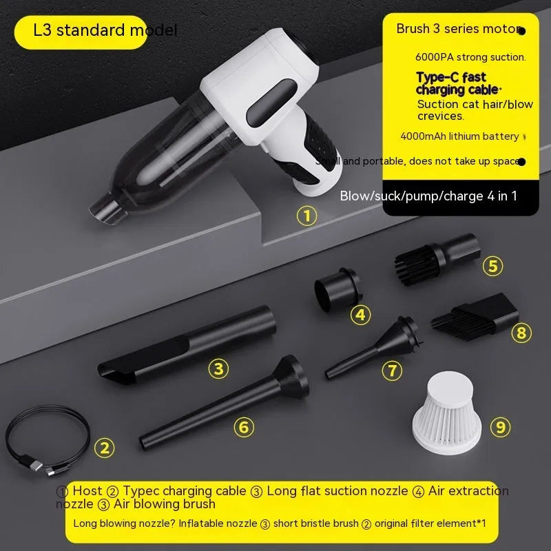Black cordless handheld car vacuum cleaner with attachments on a grey car seat.