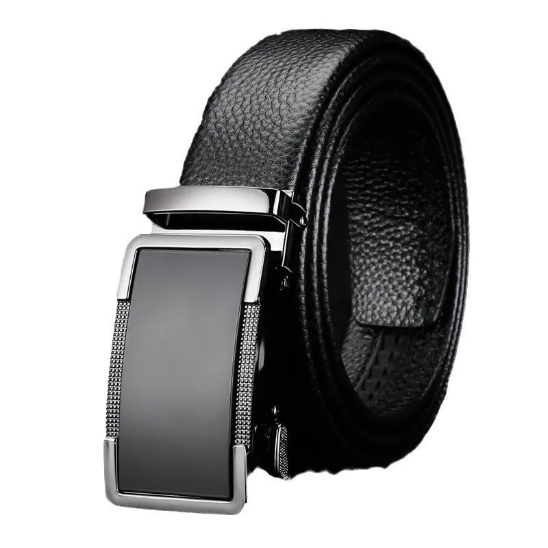 Men's automatic buckle leather belt in gun black, silver, and gold colours on a size chart
