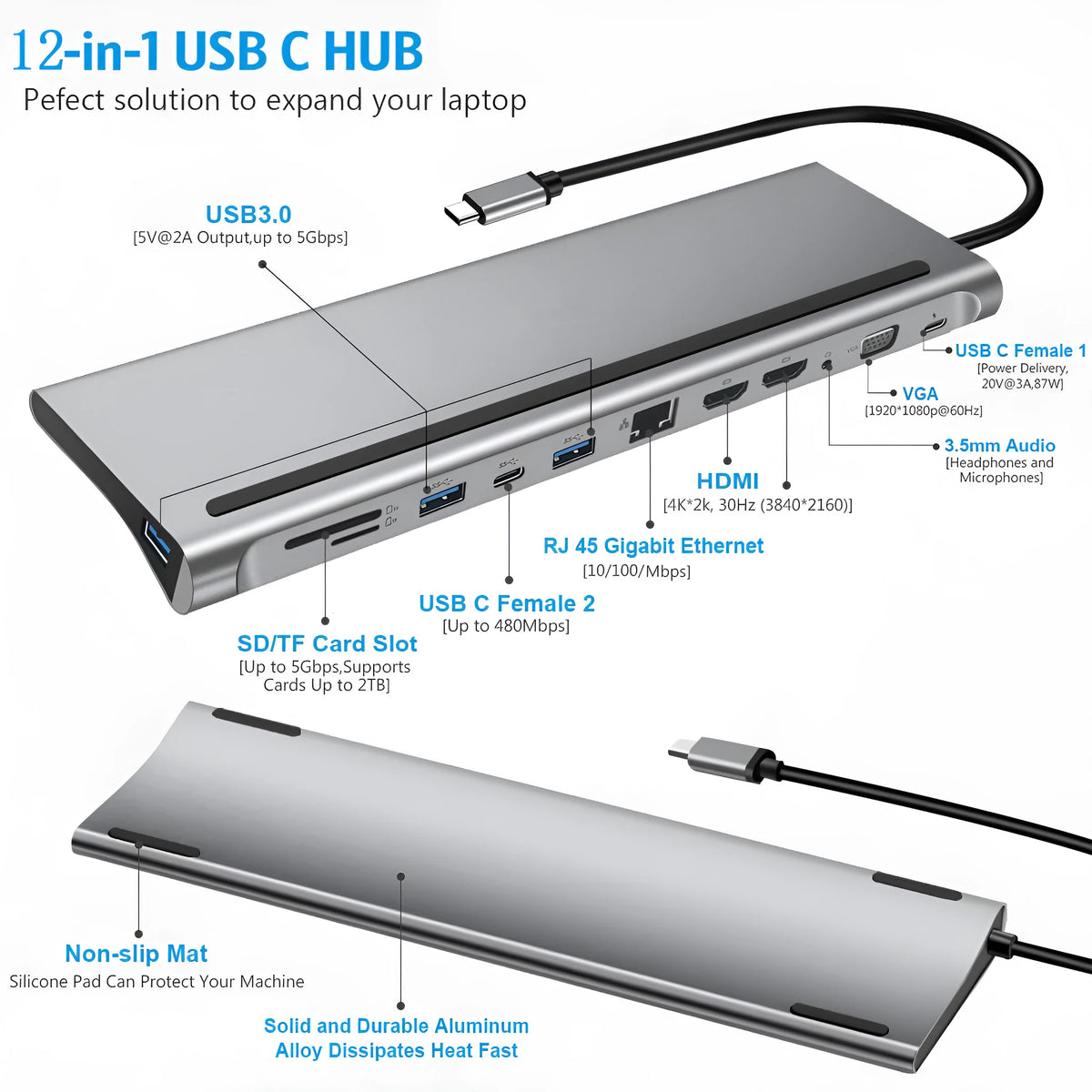Grey 12-in-1 USB-C docking station with USB 3.1 interface and 15cm cable for multi-screen display setup