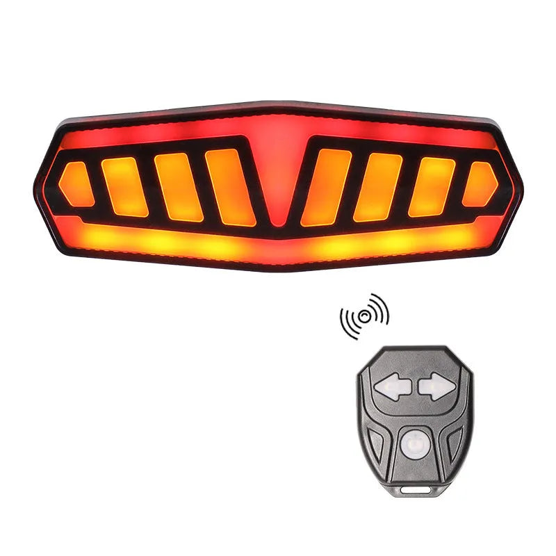 Compact black bicycle taillight with remote control on handlebars, showing left turn signal active.