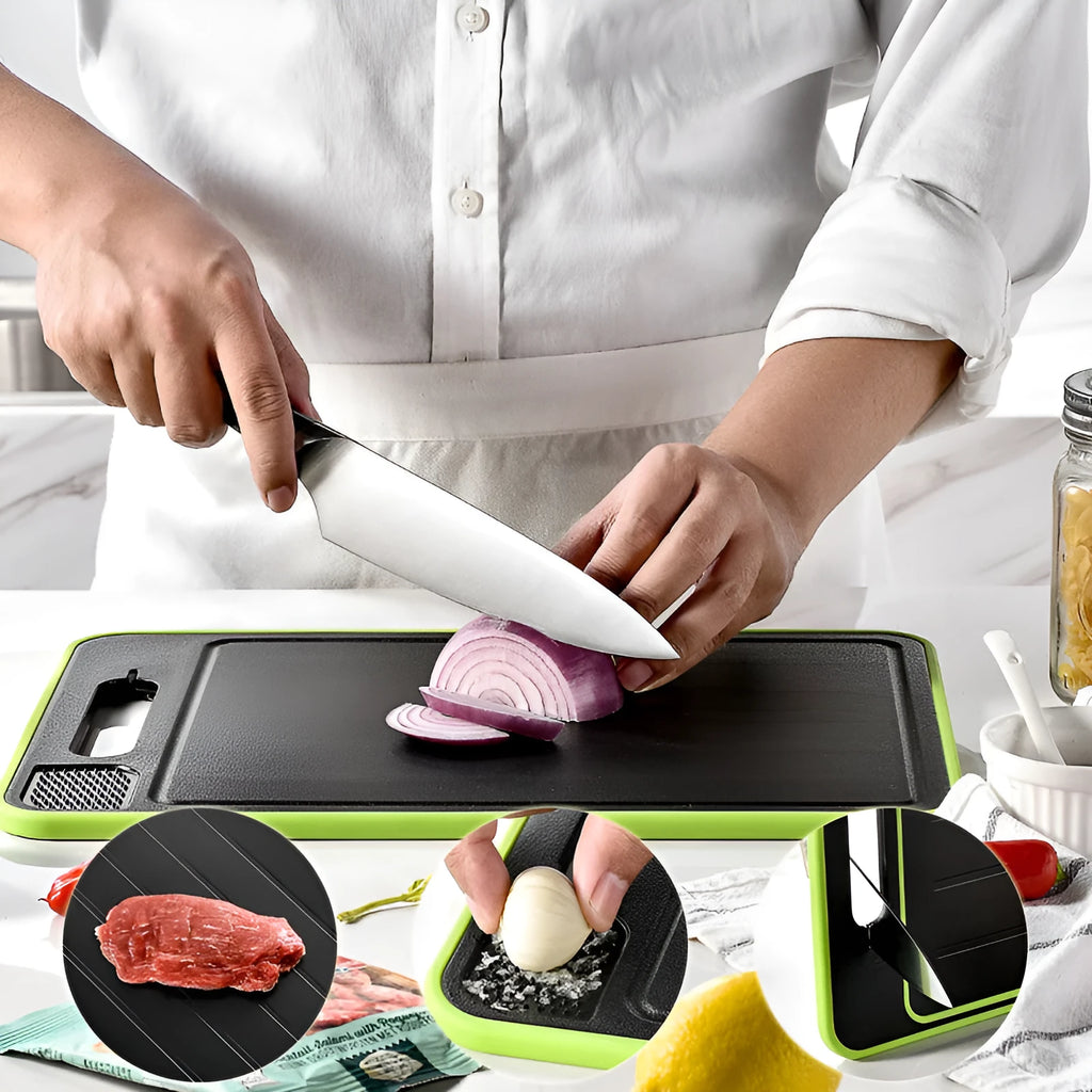 Grey square aluminium cutting board with double-sided design and integrated knife sharpener