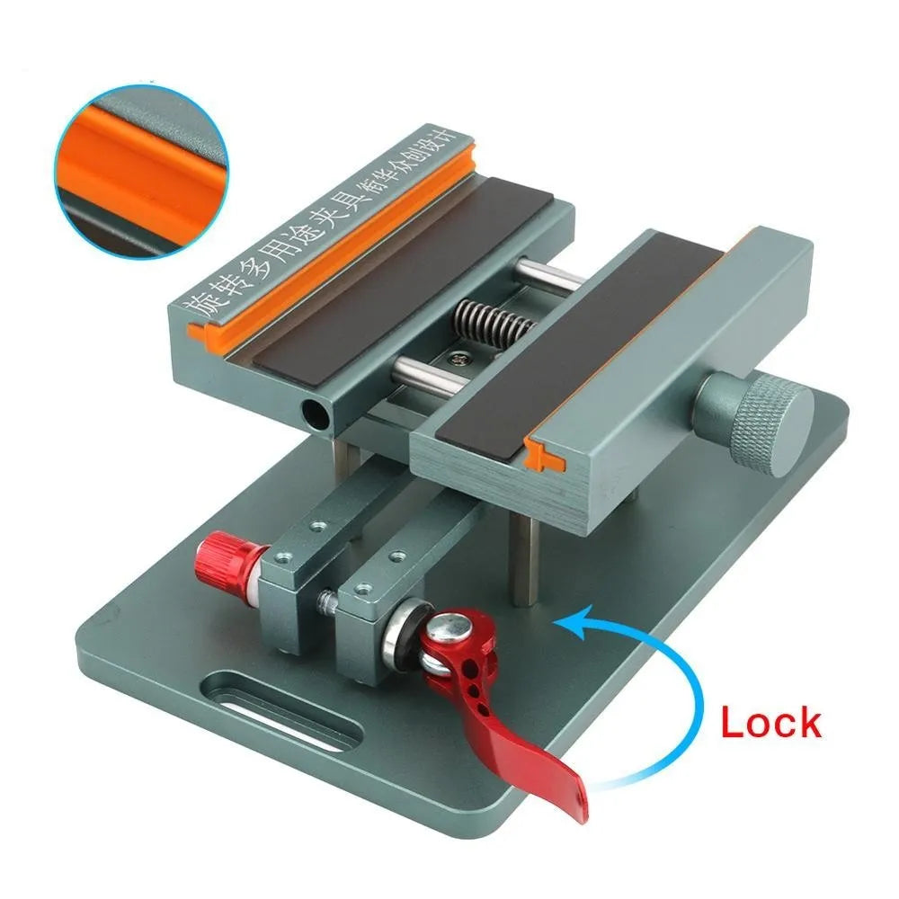 A general mobile phone repair clamping fixture with a silicone grip and adjustable arms.