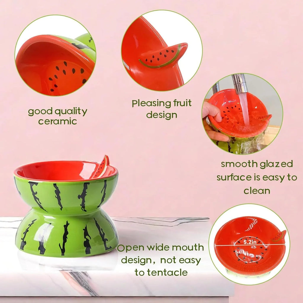 Ceramic elevated cat bowl with tilted wide dish in a colourful fruit pattern.