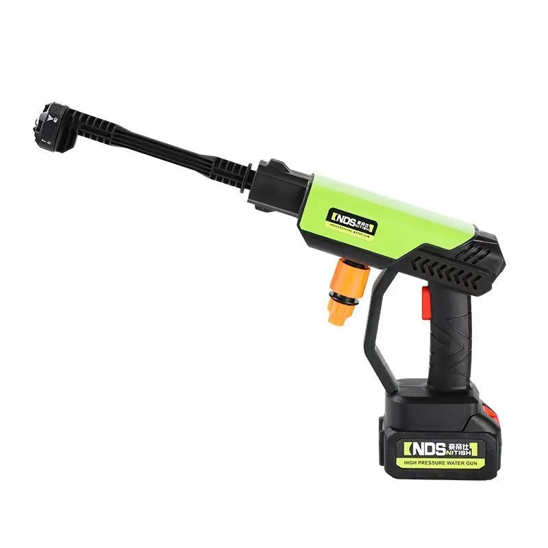 Wireless high-pressure water gun with green overpressure handle and multiple spray nozzle attachments