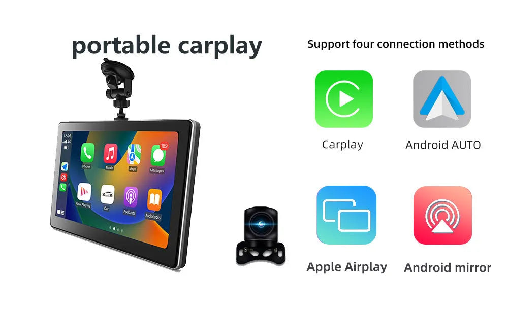 Black 7-inch wireless CarPlay dashboard camera with wide-angle lens on car windshield