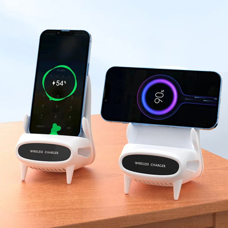 White mini chair shaped wireless charging stand holding smartphone with cable connection