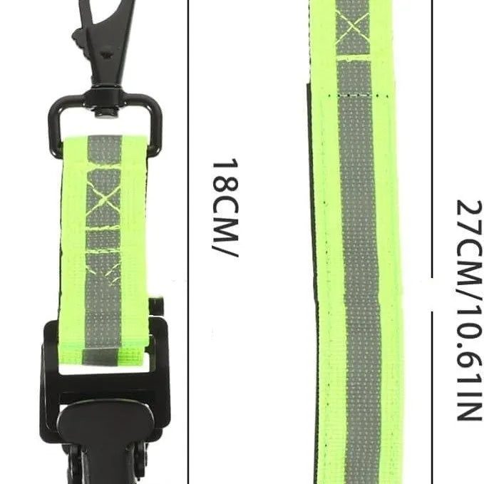 Fluorescent green metal buckle safety clip for industrial gloves and equipment.