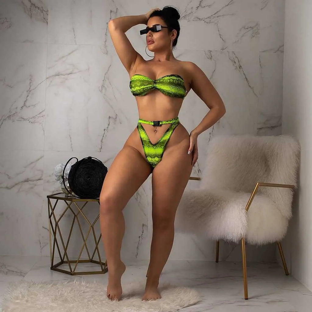 Women's snakeskin print bikini three-piece set with long sleeves in blue, green or purple