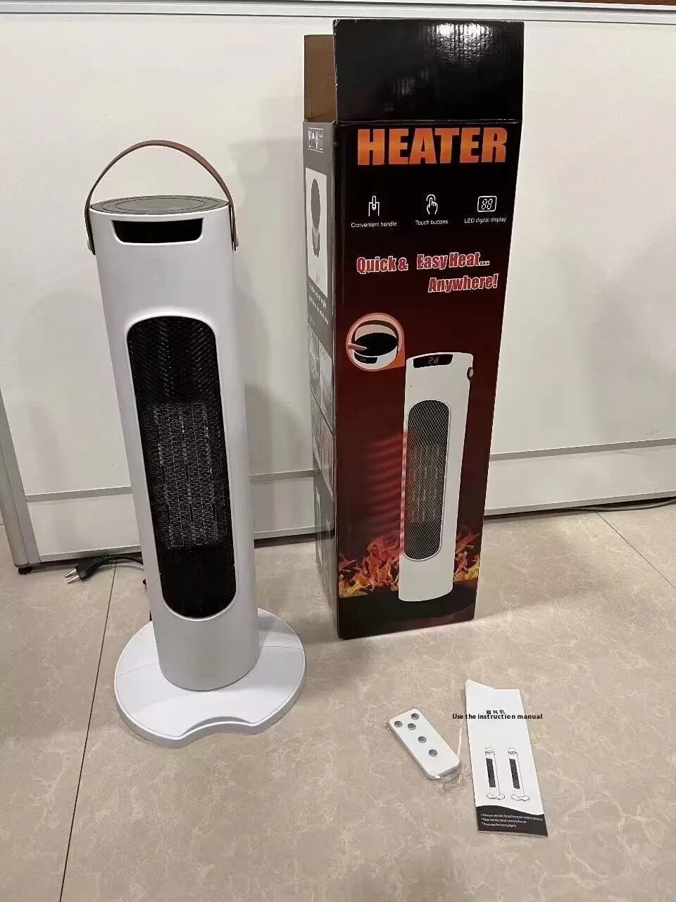 Vertical white PTC fan heater with remote control, 2000W, digital display on front panel
