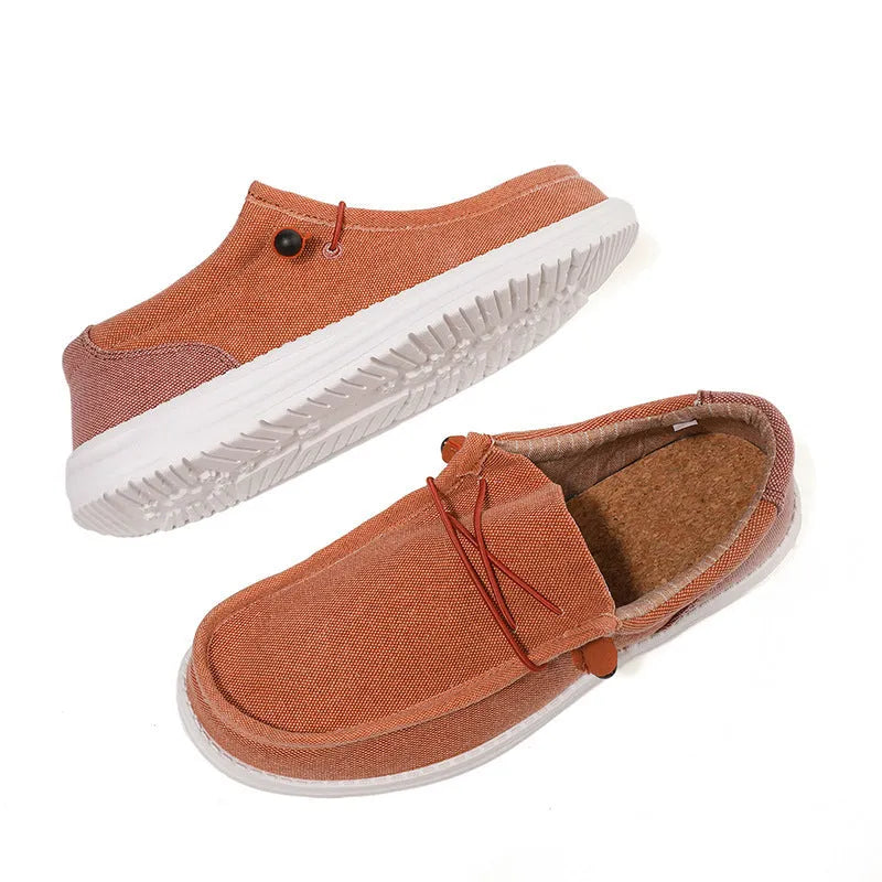 Men's green and orange canvas shoes with round toe and colour splicing detail