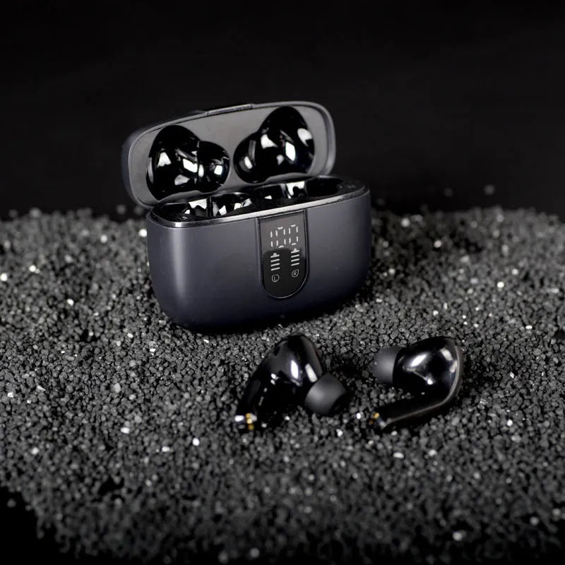Jerry X08 wireless in-ear Bluetooth headphones in Black, Grey, or White with digital display charging case.