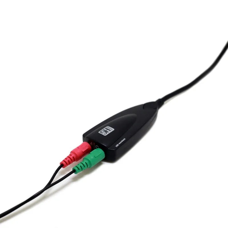 Black 5HV2 external sound card with cable, 7.1 channel support for karaoke chat, triangular design.