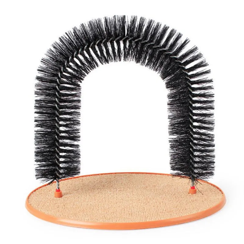 White plastic arched cat grooming station with integrated brush bristles for scratching and rubbing.