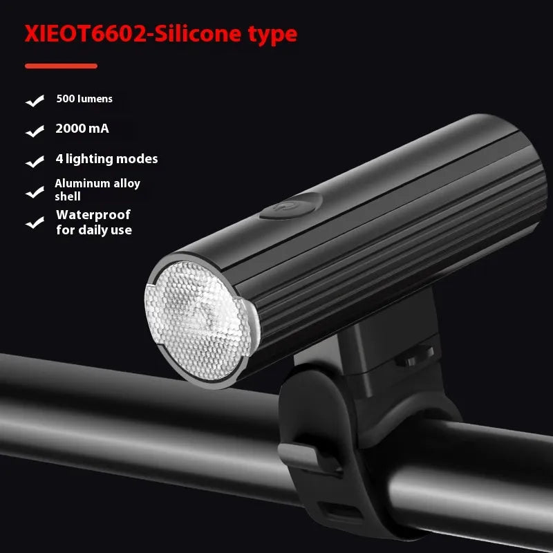 500 lumen aluminium alloy bicycle headlight with silicone base bracket mounted on handlebars