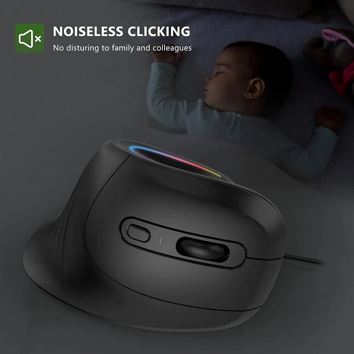Black seenDa rechargeable vertical Bluetooth wireless mouse with RGB lighting on a desk.