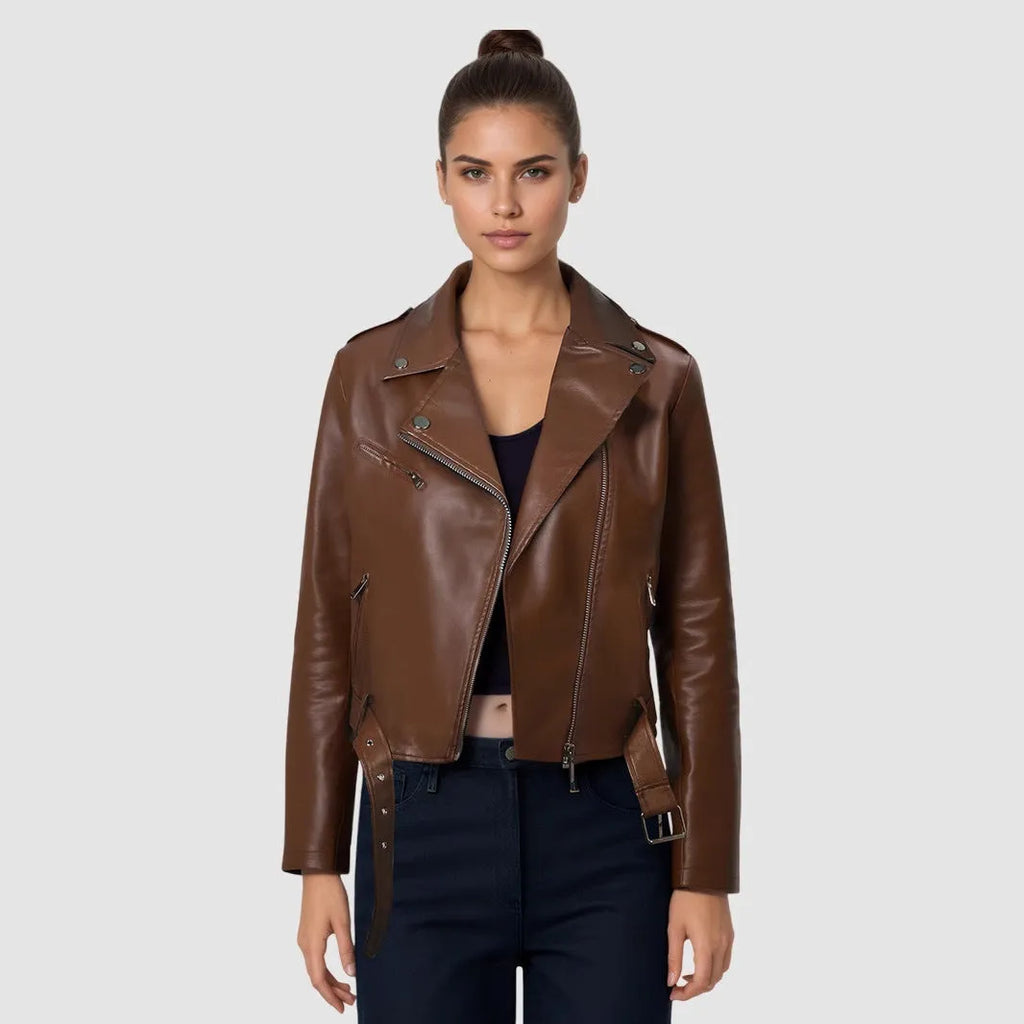Red women's PU leather motorcycle jacket with lapel collar and front belt on a hanger.