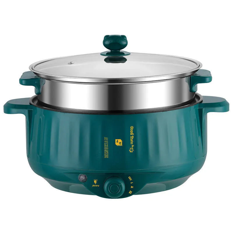 White electric hot pot with non-stick coating and stainless steel construction showing cooking functions