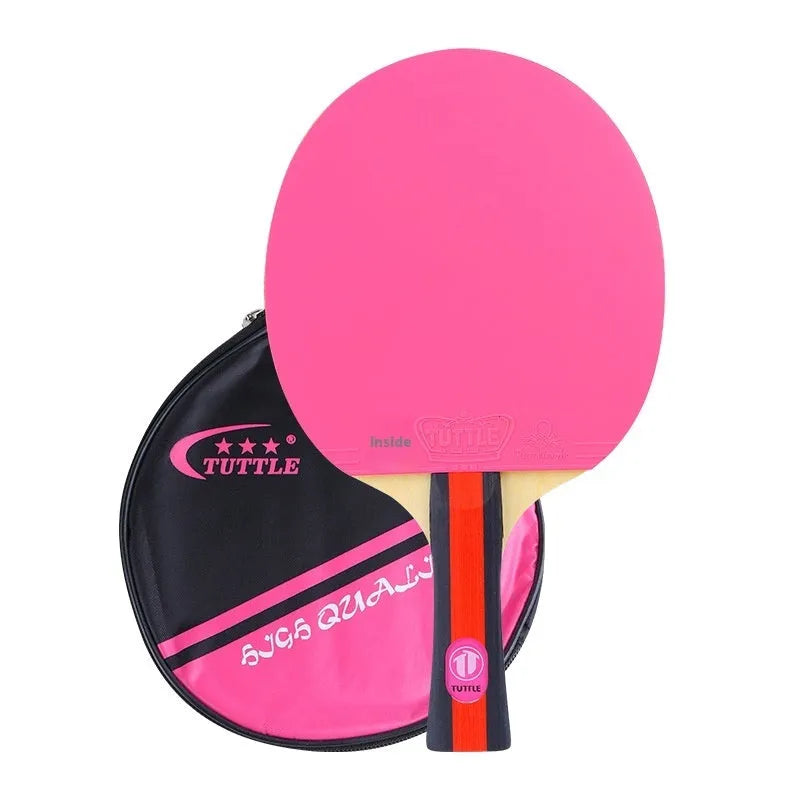 Colourful table tennis racket with pure wood construction and long handle next to matching protective bag