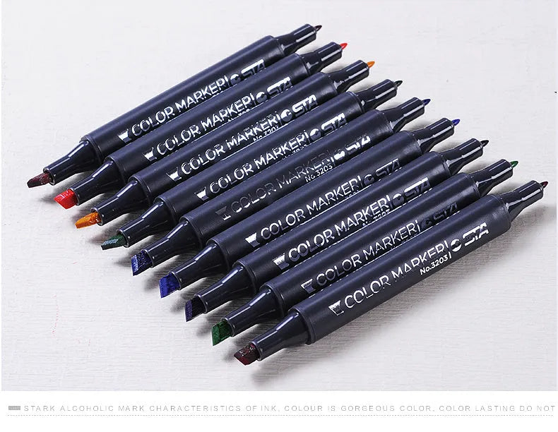 Double-headed alcohol-based animation paint marker pens with round and slanted nibs