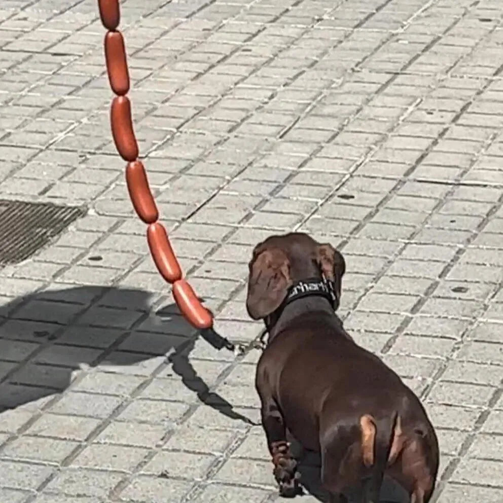Brown sausage toy bundle attached to 108cm rope dog leash with grip tape handle